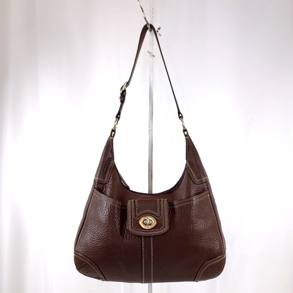 Coach Brown Pebble Leather Turnlock Shoulder Bag